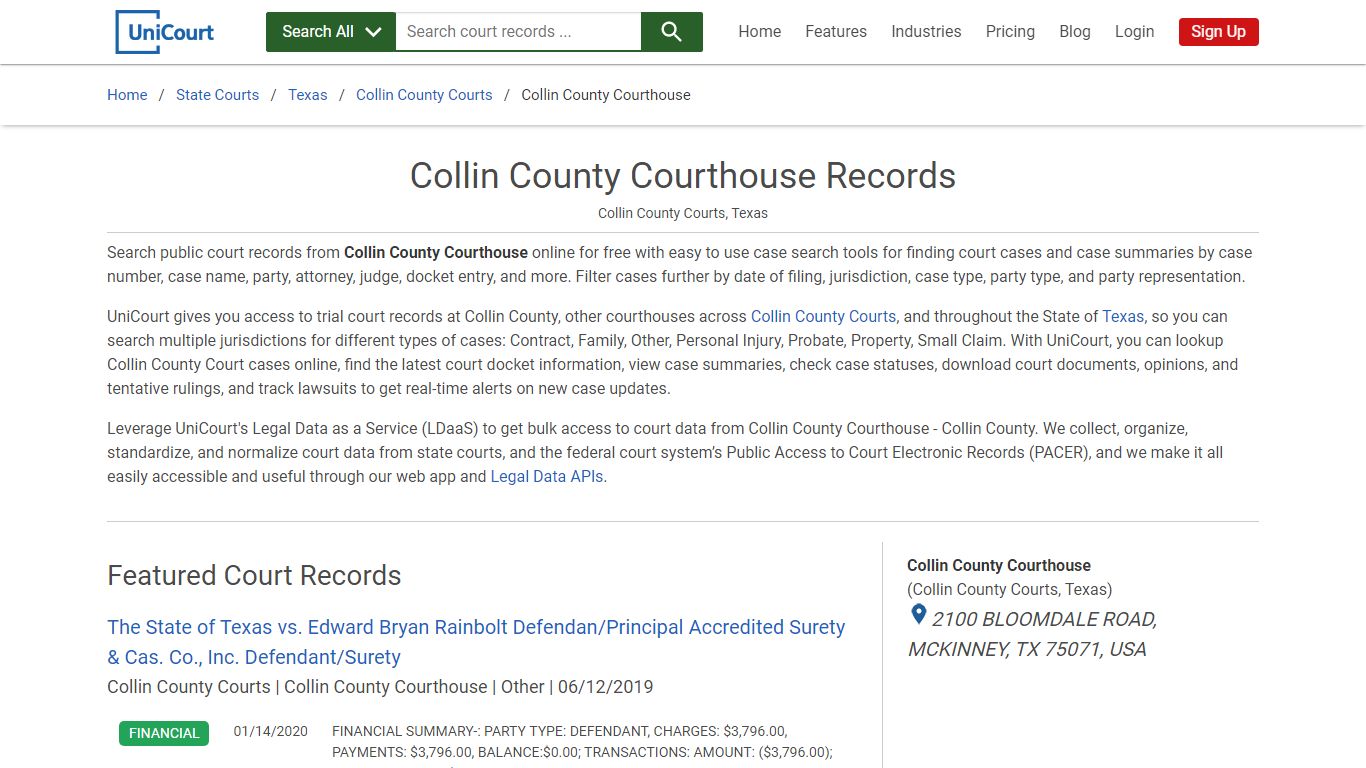 Collin County Courthouse Records | Collin | UniCourt